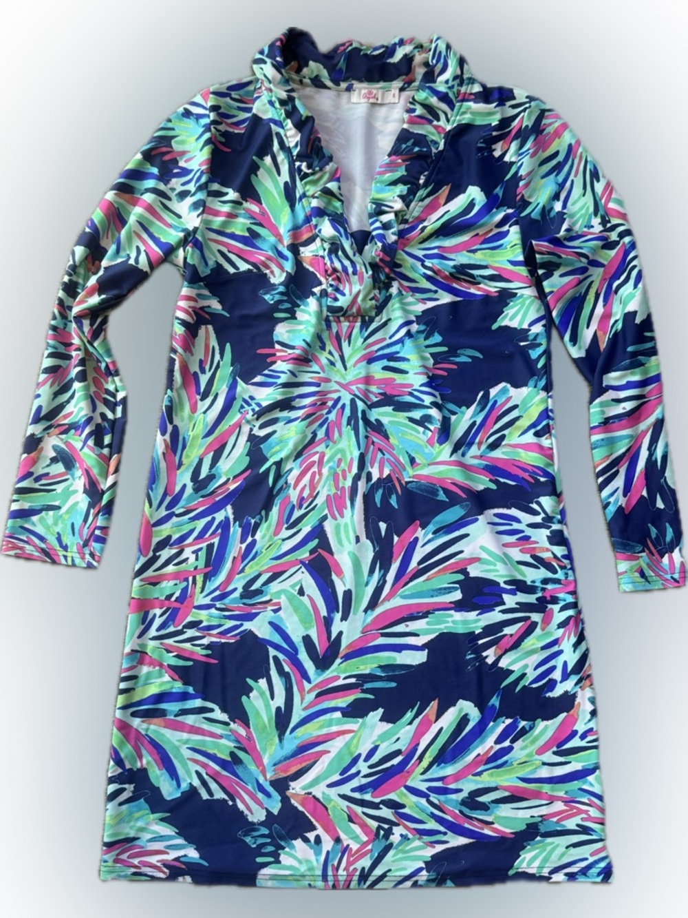 Aryeh Navy Multicolor Tropical Ruffle V-Neck Long Sleeve Shift Dress Size Small